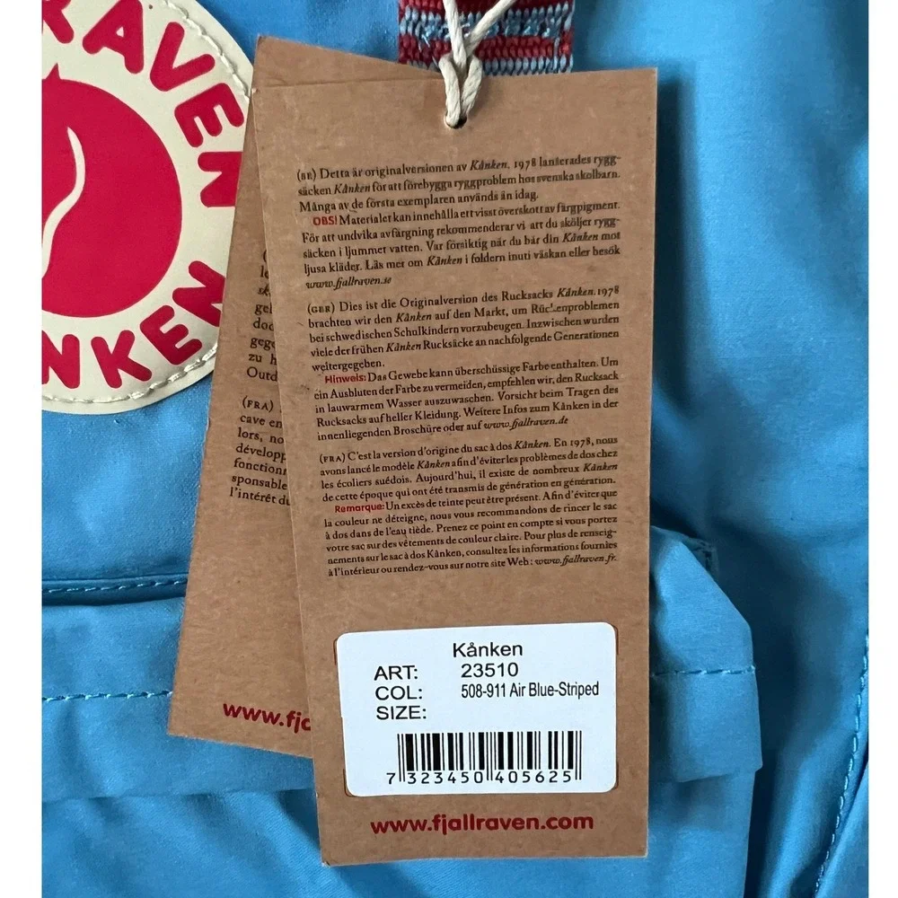 Fjallraven Kanken Backpack 16L Air Blue Striped NWT Water Resistant 23510